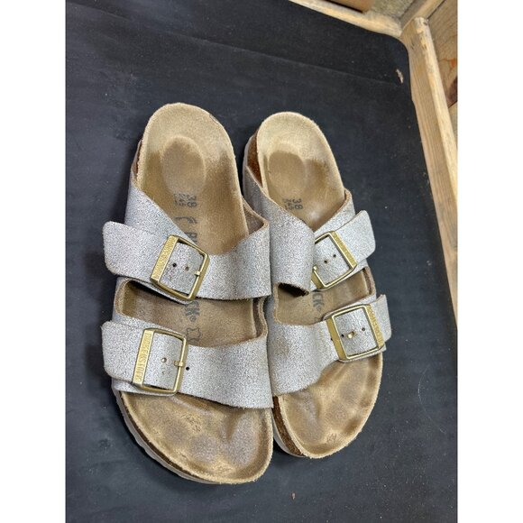 Birkenstock Arizona Womens Leather Sandals EU38 US7 Silver Metallic Double Strap - Picture 2 of 8